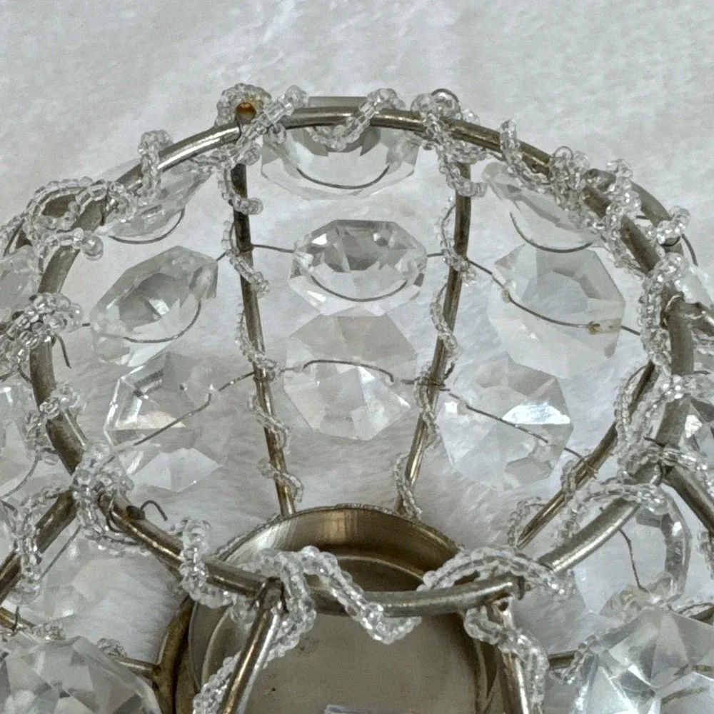 Vintage‎ Beaded Crystal Prism Votive Candle Holder Silver Tone